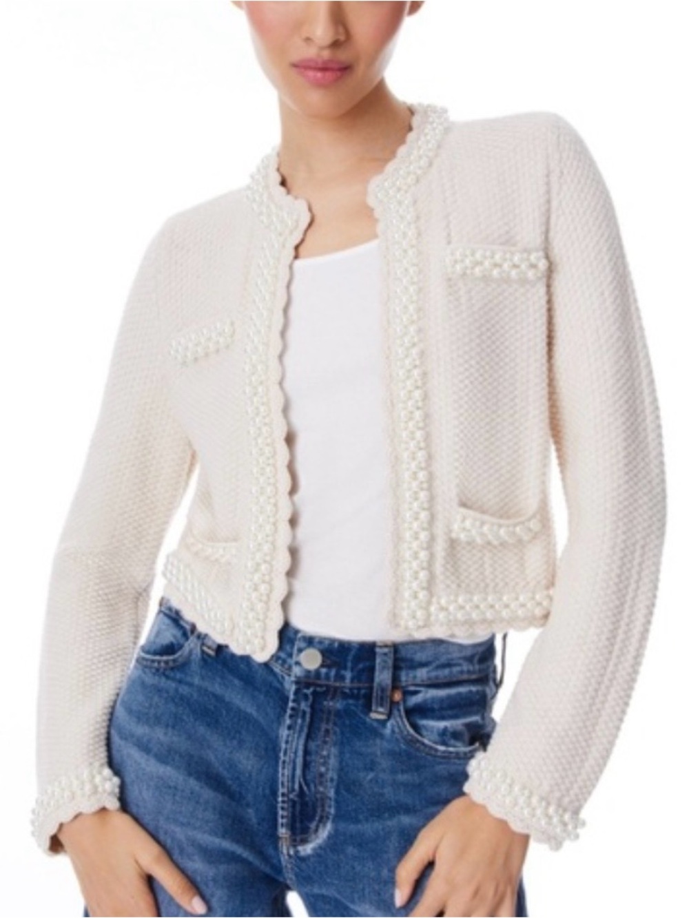 Alice + Olivia Noella Knit Jacket In Cream With Faux Pearl Trim, Open Front, XS